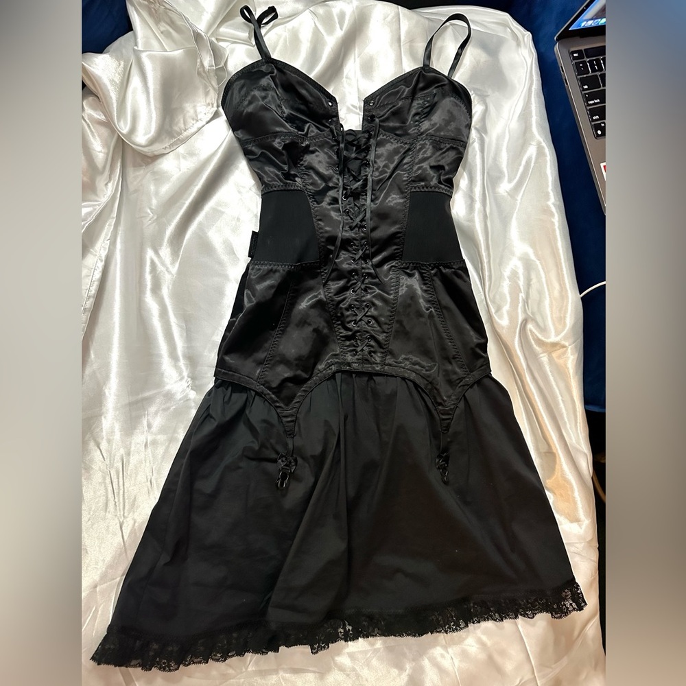 Moschino black corset lace up dress with lace trim